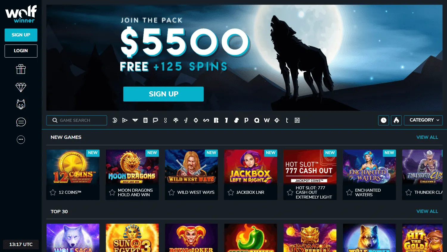 Wolf Casino desktop home with casino categories and featured play options