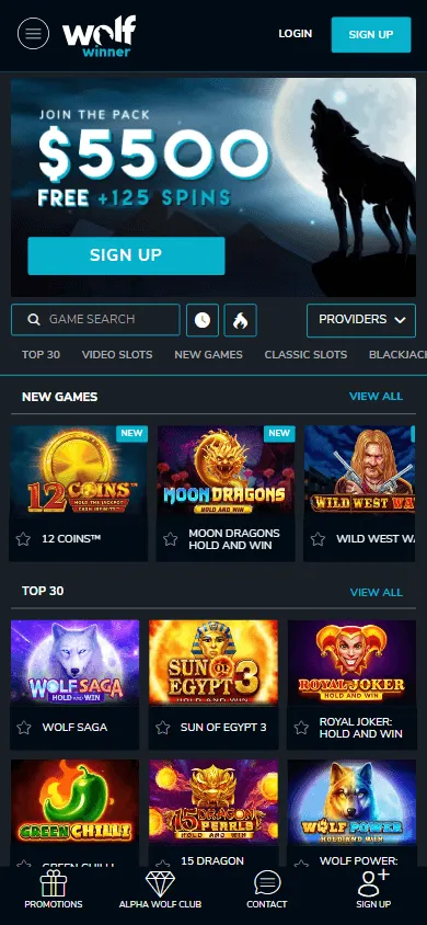Wolf Casino mobile browser home with casino games and categories