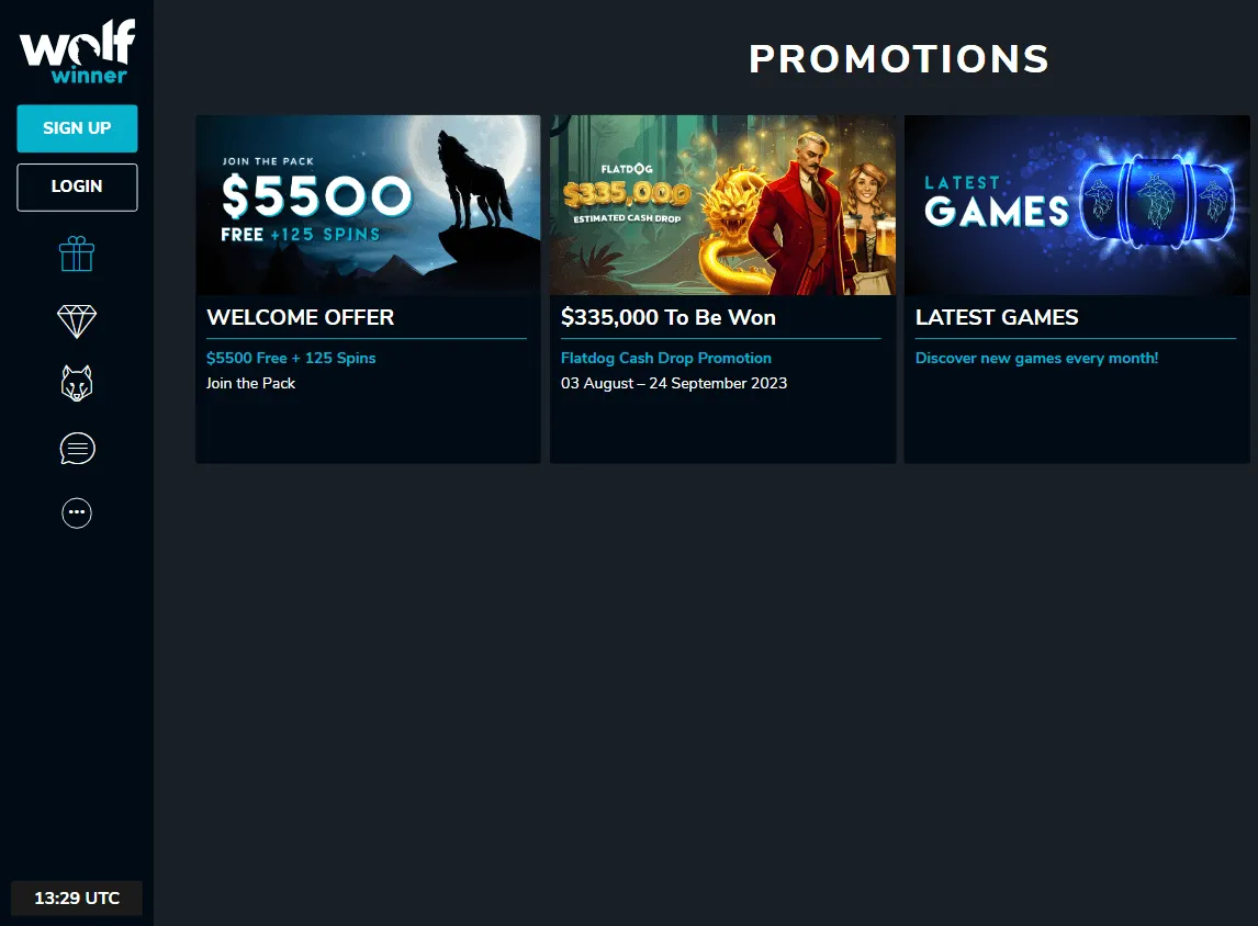 Wolf Casino desktop promotions area with the four-deposit welcome package