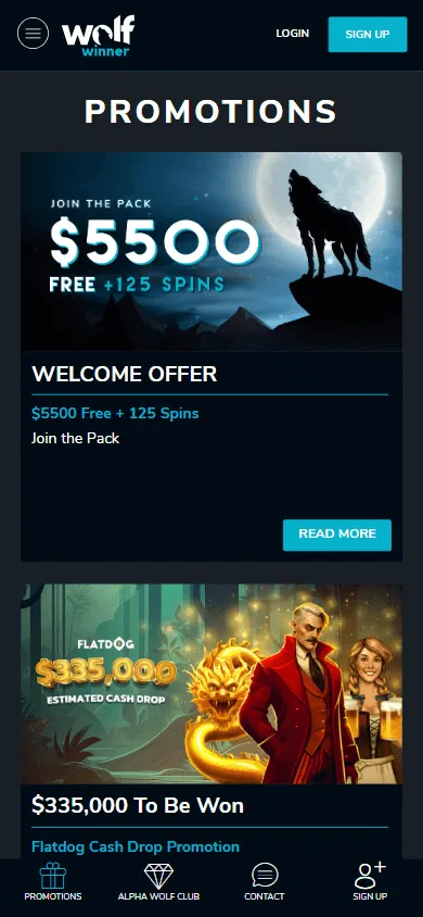 Wolf Casino mobile promotions area with welcome offer information
